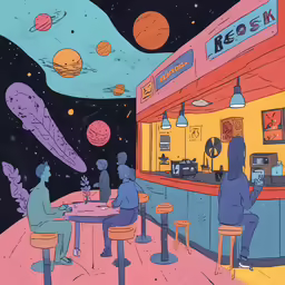 a painting of some people sitting at a table