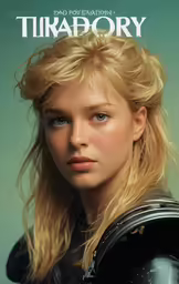 a woman with long blonde hair and a black top