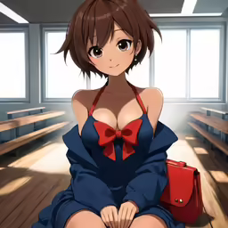 an anime girl in a red and blue dress