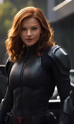the avengers movie actress wearing black leather and posing for a photo