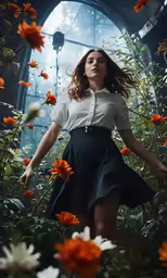 a young woman is photographed through a window with flowers
