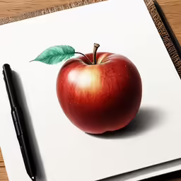 the drawing of a red apple is near a black pen