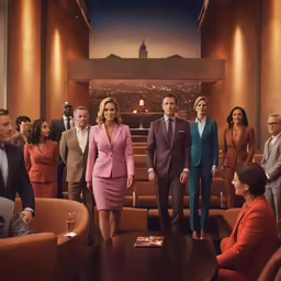 a group of people in business attire standing around a courtroom