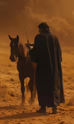 an image of a man walking a horse in the sand