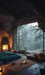 an image of a living area setting in the woods