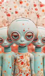 four aliens dressed in blue with white hair