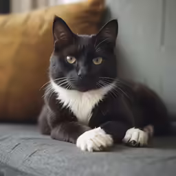a black and white cat resting on the couch