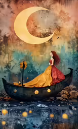 a drawing of a woman floating in a boat under the moon