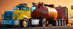 a yellow tanker truck drives down the road,a yellow and black truck is driving down the road