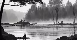 a person is sitting in the middle of a body of water with fog on the trees,a person is in the middle of water with trees