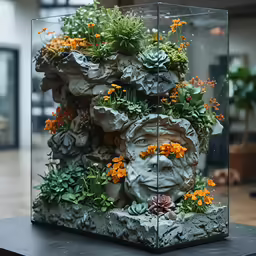 a glass container with fake plants in it