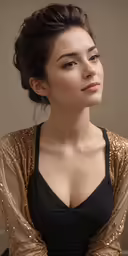 a woman is sitting wearing a black shirt