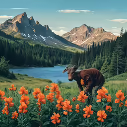 a painting of a man tending to a large mountain landscape