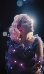 a woman with pink hair and light - up skin posing for the camera