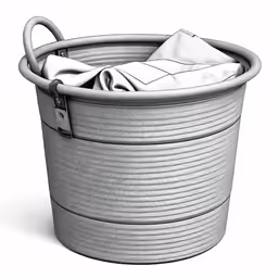 a gray plastic laundry hamper with white sheets inside
