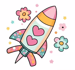 a cartoon rocket with hearts floating out of it