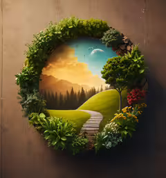 a circle with a painting of a bench in the middle of a green area, with trees and mountains,a photo of a bench on the side of a road