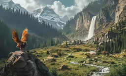 a yellow bird with an orange beak stands on a rock