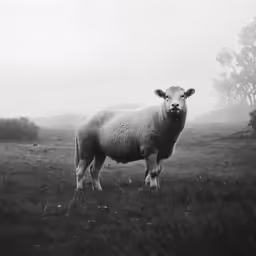 a sheep in a field on a foggy day