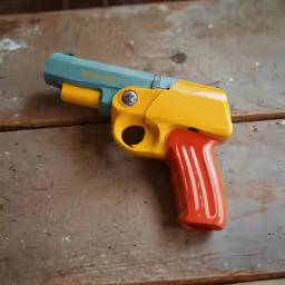 yellow and blue toy gun with a yellow trigger on top