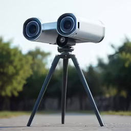 two cameras on a tripod on the street