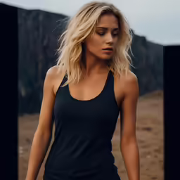 a beautiful blonde woman walking with a black tank top on