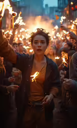 a woman holding torches in her hand and an audience behind her