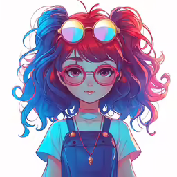 a girl wearing glasses and an apron and blue dress