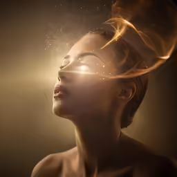 a woman is standing with her head above her face