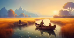 two boats, two men sitting in them near a river with grass and a mountain backdrop