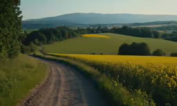road through yellow field of flowers in rural area