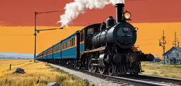 an image of a train going down the train track,a train traveling past houses in the countryside