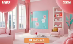 pink and turquoise living room with balloons floating