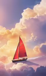 the sail boat is floating through the clouds