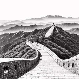 black and white photograph of the great wall with a person standing on top