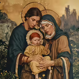 a woman holding a child in her arms near some flowers