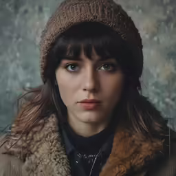 a woman wearing a jacket and cap with a fur collar