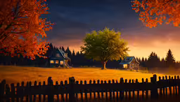 a painting with houses and trees in the background,a painting of a cabin on a grassy field at night