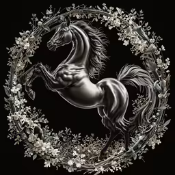 a black and white horse in a circle with some flowers