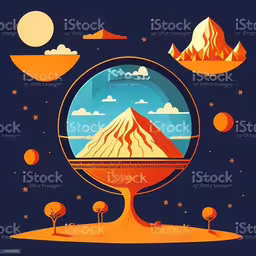 an earth with volcanos and mountains in the middle,the earth with mountains, trees and clouds in it