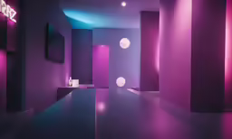 this room has purple walls and black tables