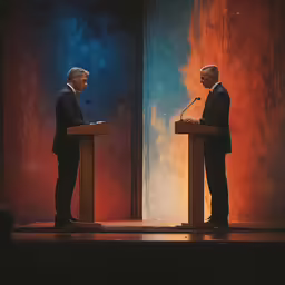 two men standing at podiums on stage