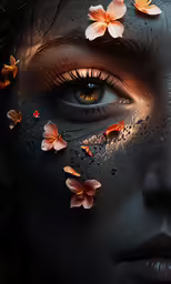 woman with blue eyes and black makeup, with flowers floating around her