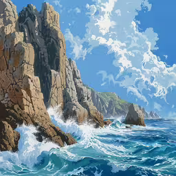 the painting is a scenic landscape of an ocean,this is a painting of some water and rocks