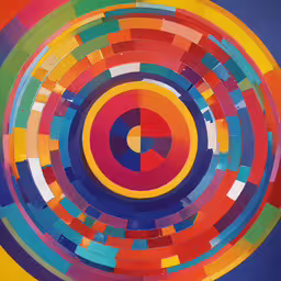 abstract art painting of circles that make up the colors of a rainbow,the circles are arranged and brightly colored with some blue, yellow and red