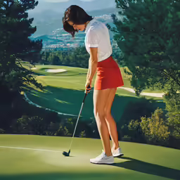 a woman on the golf course, about to put the ball