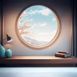 a round window in a living room overlooking a beautiful landscape