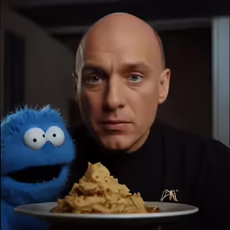 a man holding up a plate with pasta and a cookie monster behind it