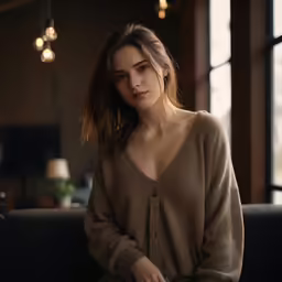 a woman wearing a tan shirt is sitting on a couch