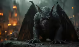 a dark creature with glowing eyes and enormous teeth sitting on a rock